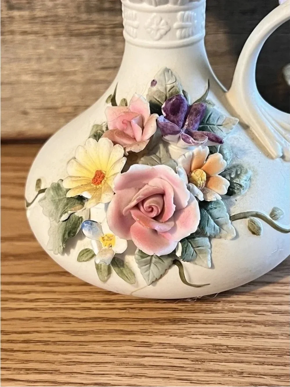 White Floral Embossed Ceramic Pitcher with Pastel Roses